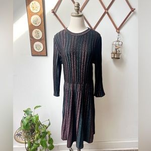 Nanette Lepore Metallic Striped Rib Knit Fit Flare Sweater Dress large
